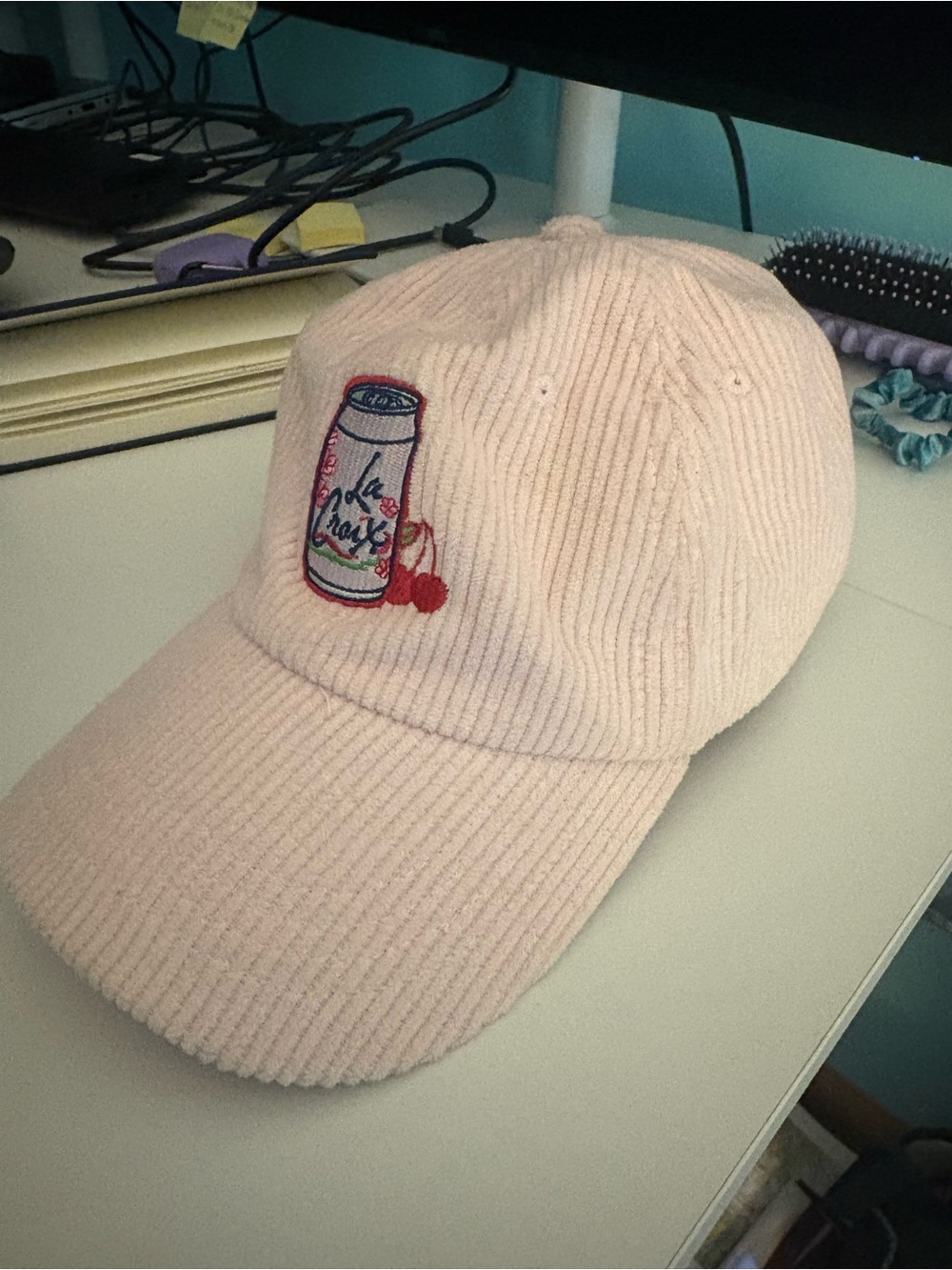 Pink Corduroy Baseball Cap with Cherry Can Embroidery